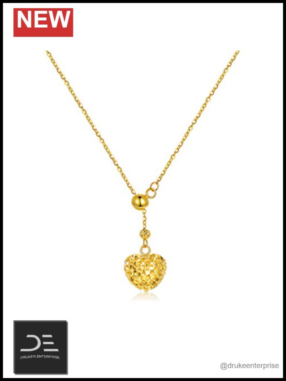 18K Real Gold Y-Chain Heart Necklace Adjustable Sliding Bead Women